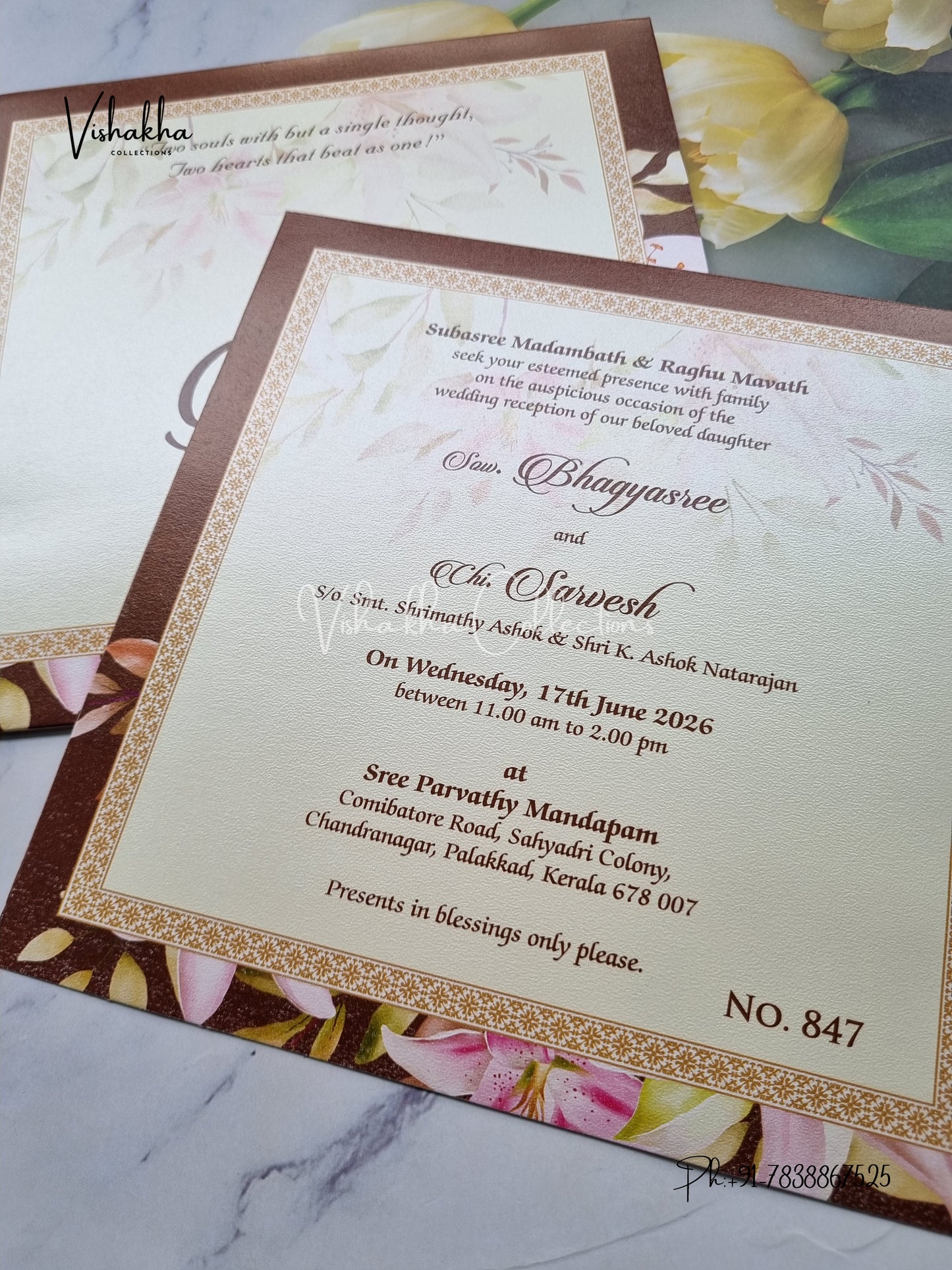 Single Insert Flower Hindu Muslim Christian Sikh Colored invitation Cards LN-847