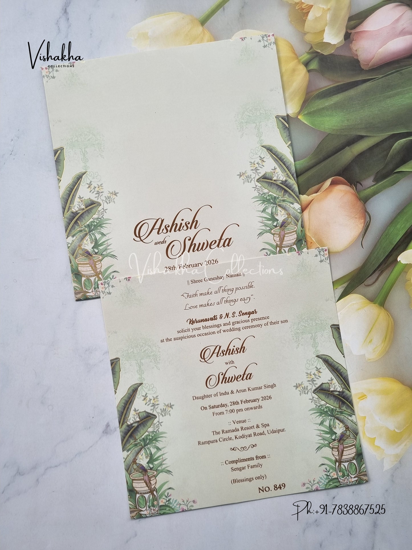 Single Insert Flower Hindu Sikh invitation Cards LN-849