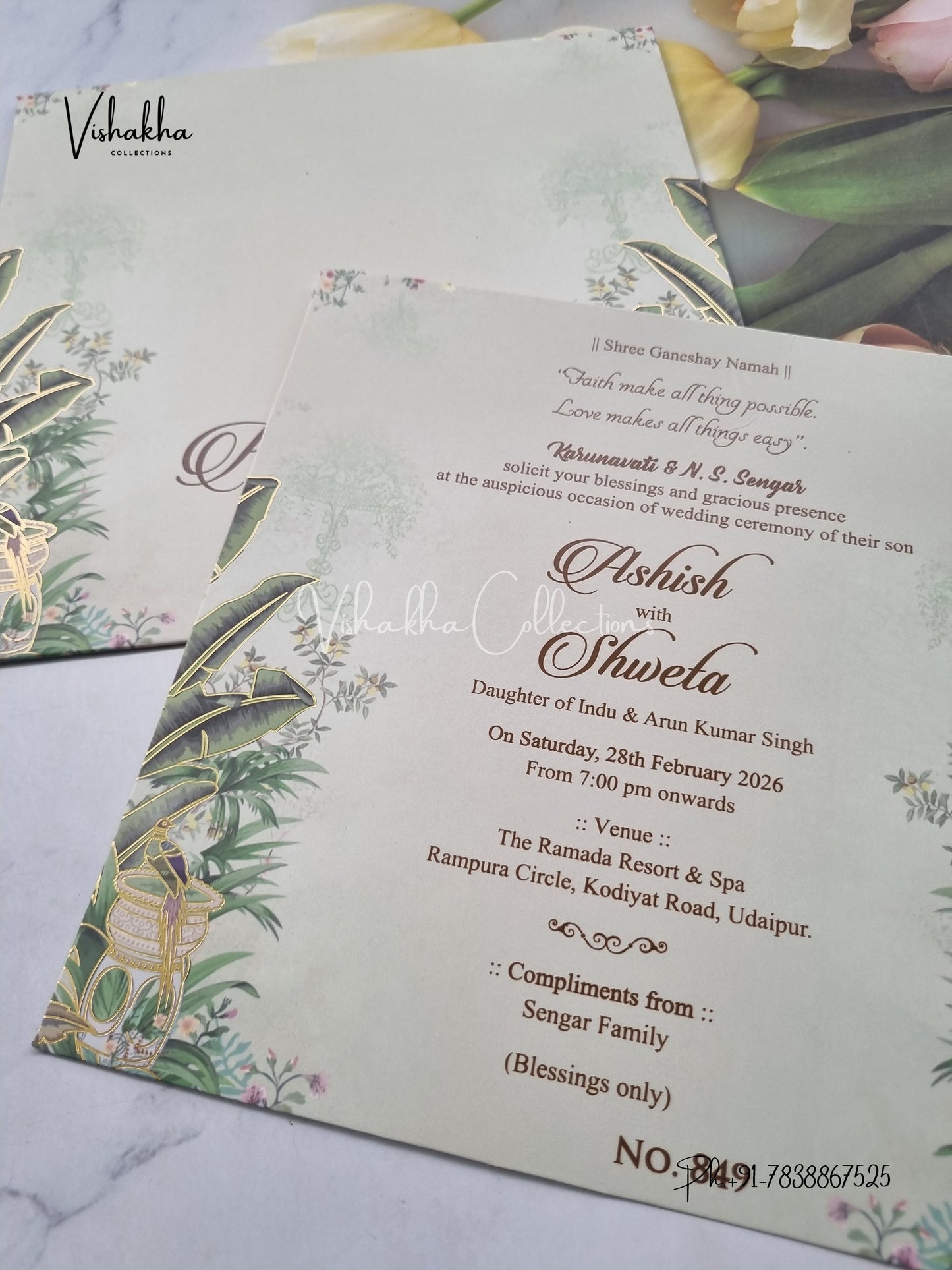 Single Insert Flower Hindu Sikh invitation Cards LN-849