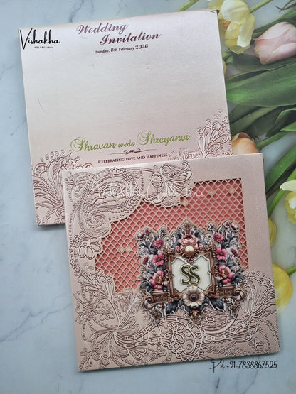 Flower Hindu Muslim Christian Sikh Padded Laser Cut Colored invitation Cards LN-853