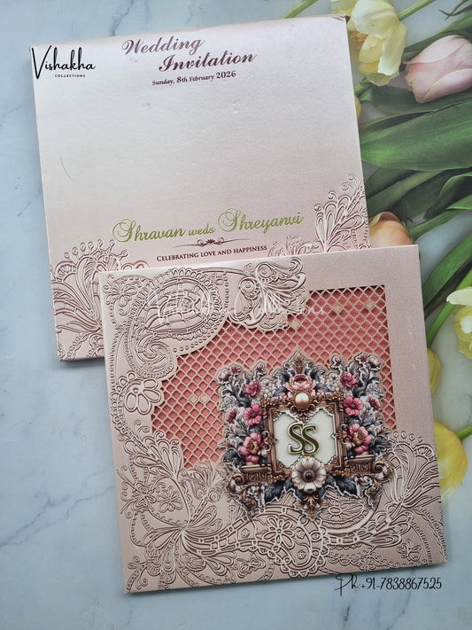 Flower Hindu Muslim Christian Sikh Padded Laser Cut Colored invitation Cards LN-853