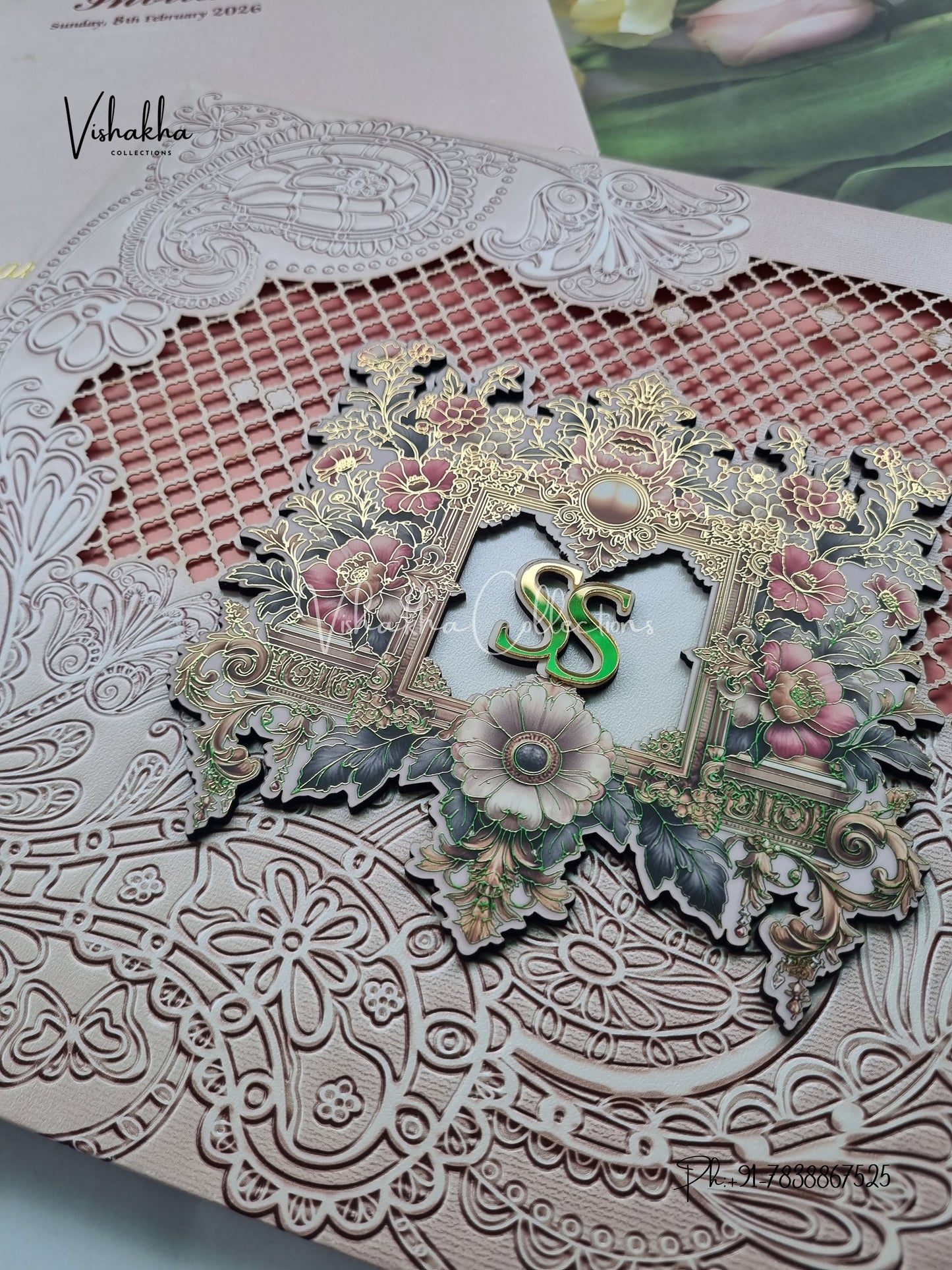 Flower Hindu Muslim Christian Sikh Padded Laser Cut Colored invitation Cards LN-853