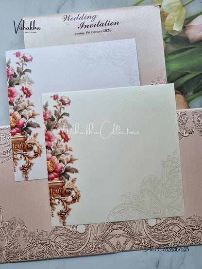 Flower Hindu Muslim Christian Sikh Padded Laser Cut Colored invitation Cards LN-853