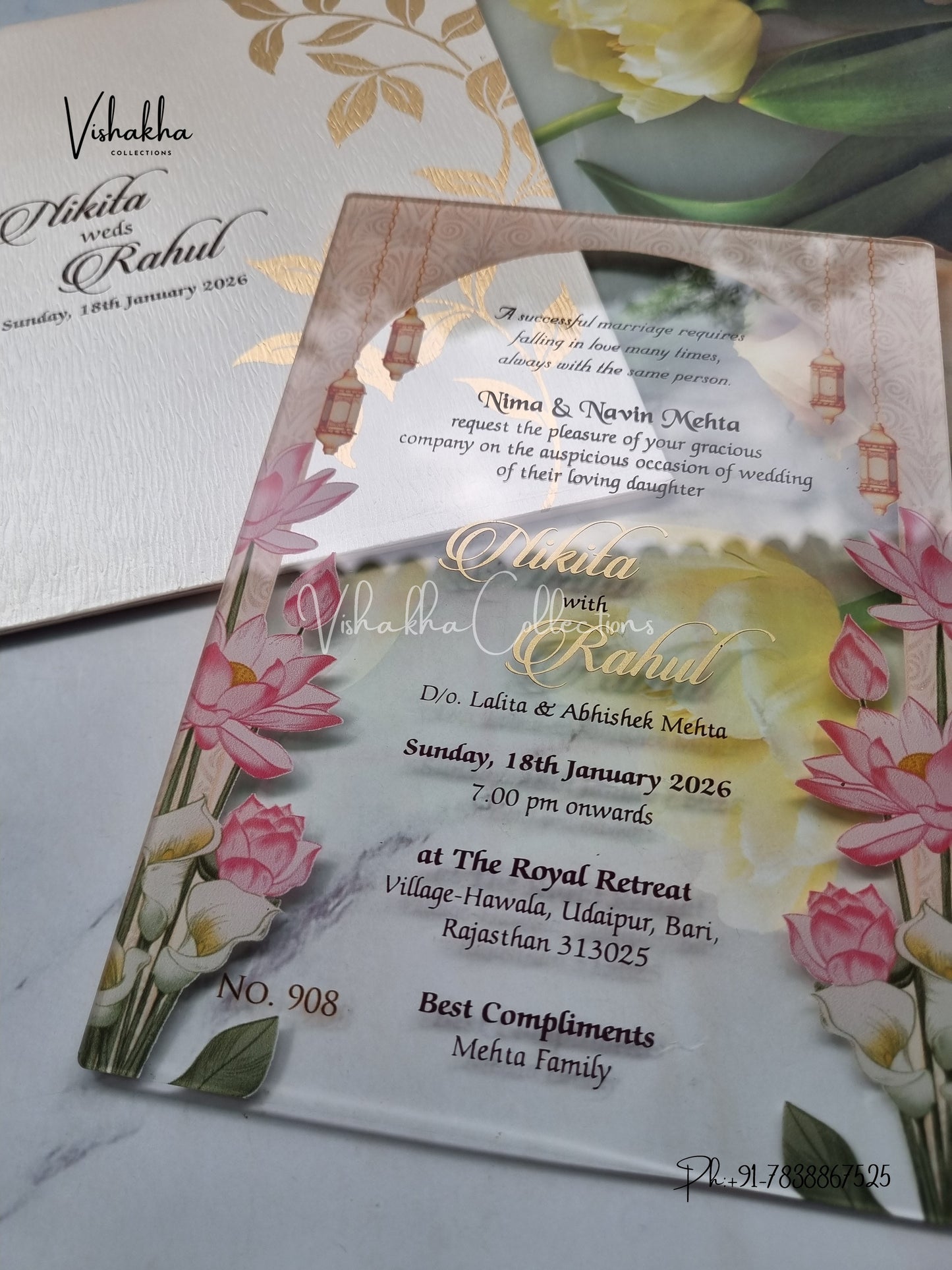 Flower Hindu Muslim Christian Sikh Acrylic invitation Cards LN-908