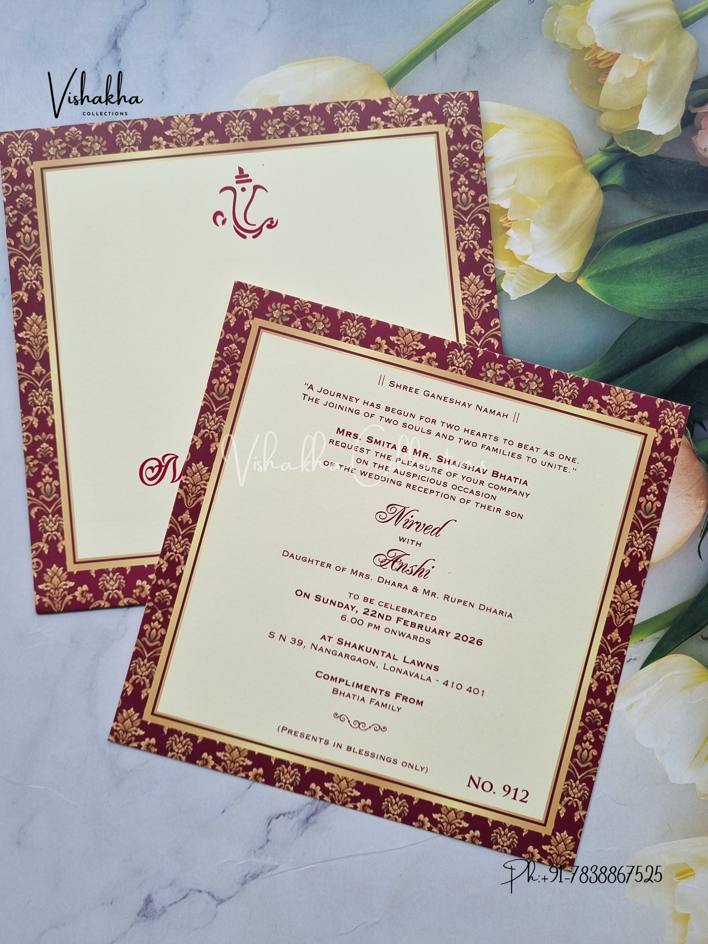 Single Insert Flower Hindu Muslim Christian Sikh Colored invitation Cards LN-912