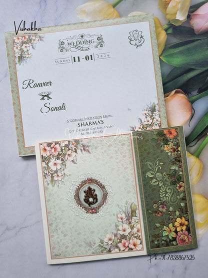Semi Box Flower Double Door Hindu Muslim Christian Sikh Patel Green Colored invitation Cards NA-1125-121