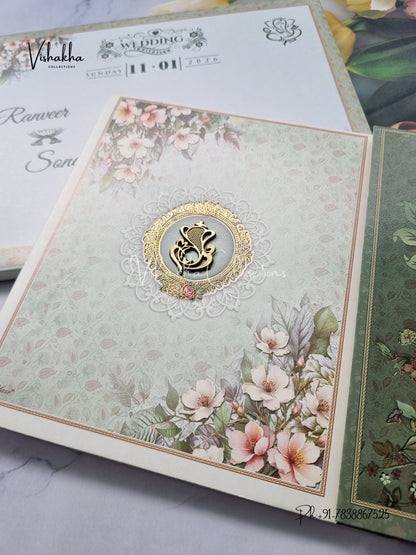 Semi Box Flower Double Door Hindu Muslim Christian Sikh Patel Green Colored invitation Cards NA-1125-121