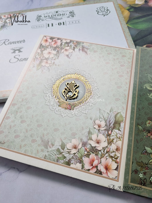 Semi Box Flower Double Door Hindu Muslim Christian Sikh Patel Green Colored invitation Cards NA-1125-121