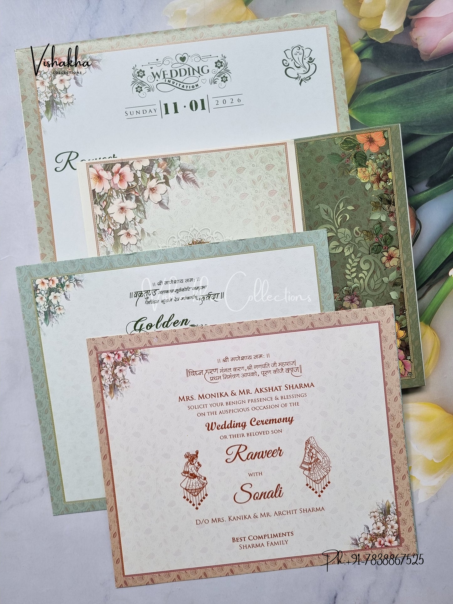Semi Box Flower Double Door Hindu Muslim Christian Sikh Patel Green Colored invitation Cards NA-1125-121