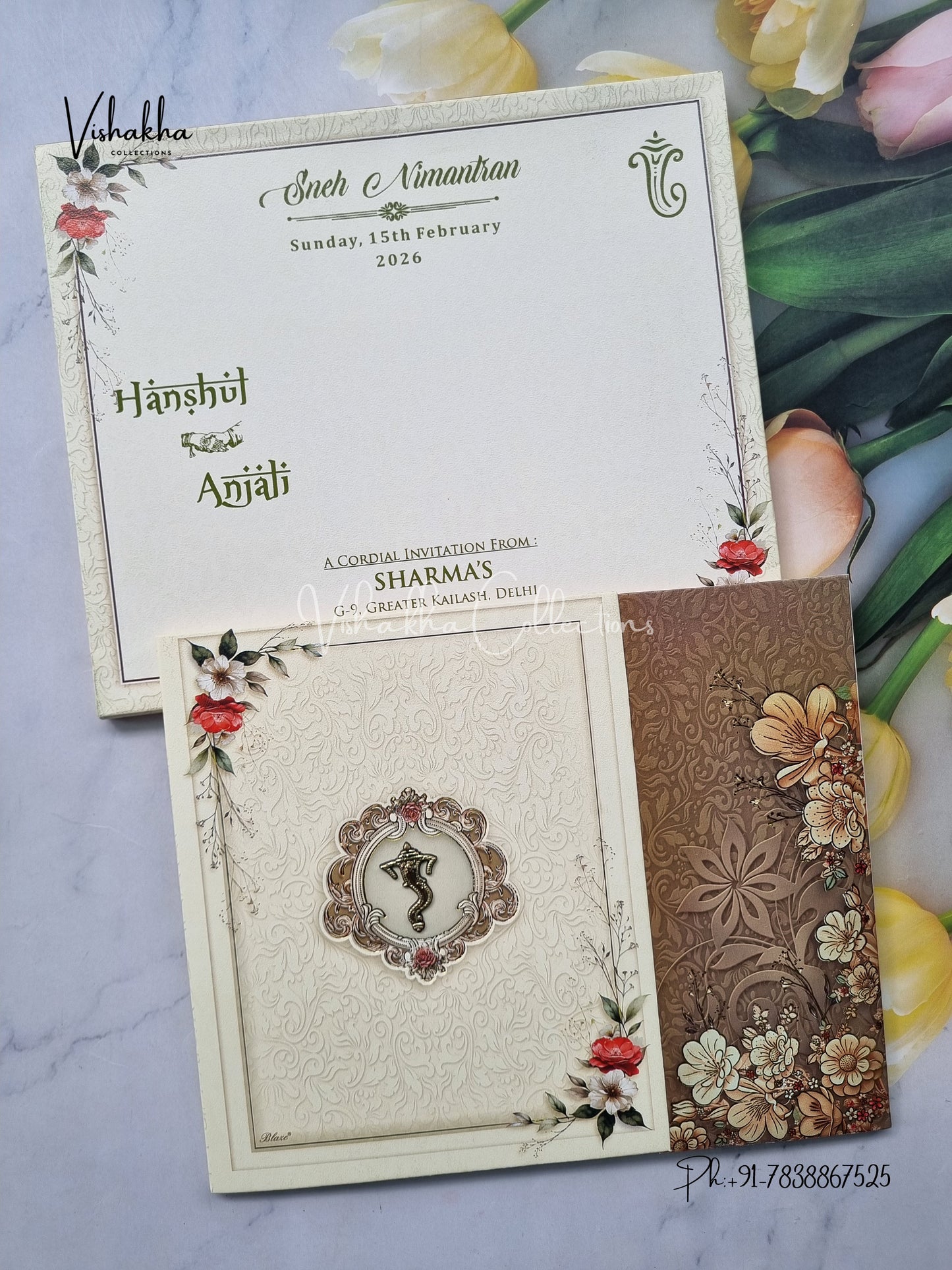 Semi Box Flower Double Door Hindu Muslim Christian Sikh Light Yellow Colored invitation Cards NA-1125-122