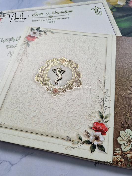 Semi Box Flower Double Door Hindu Muslim Christian Sikh Light Yellow Colored invitation Cards NA-1125-122