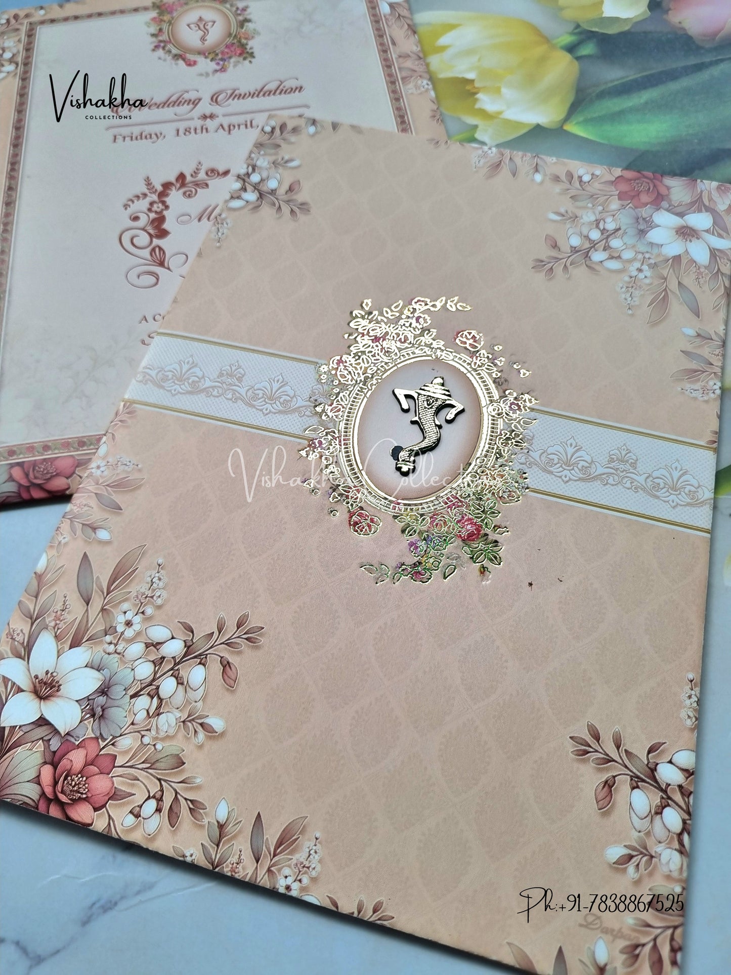 Flower Hindu Muslim Christian Sikh Light Brown Colored invitation Cards NA-1125-128