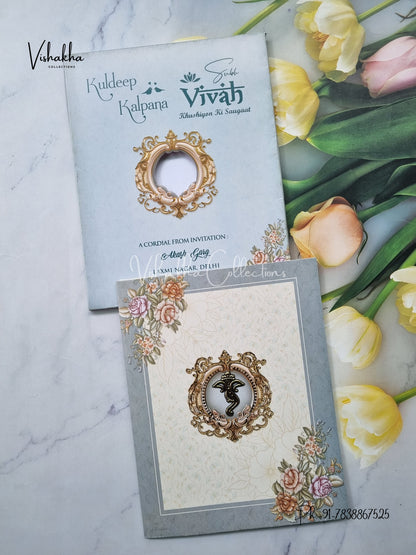 Semi Box Flower Hindu Muslim Christian Sikh Greyish Blue Colored invitation Cards NA-1125-134