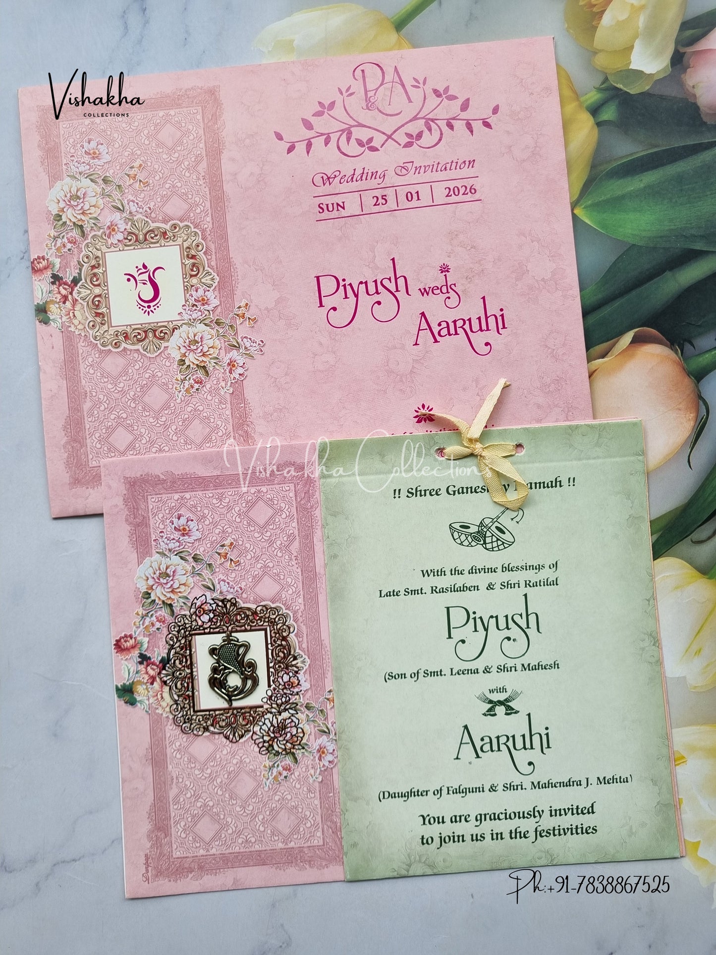 Flower Hindu Muslim Christian Sikh Pink Colored invitation Cards NA-1125-136