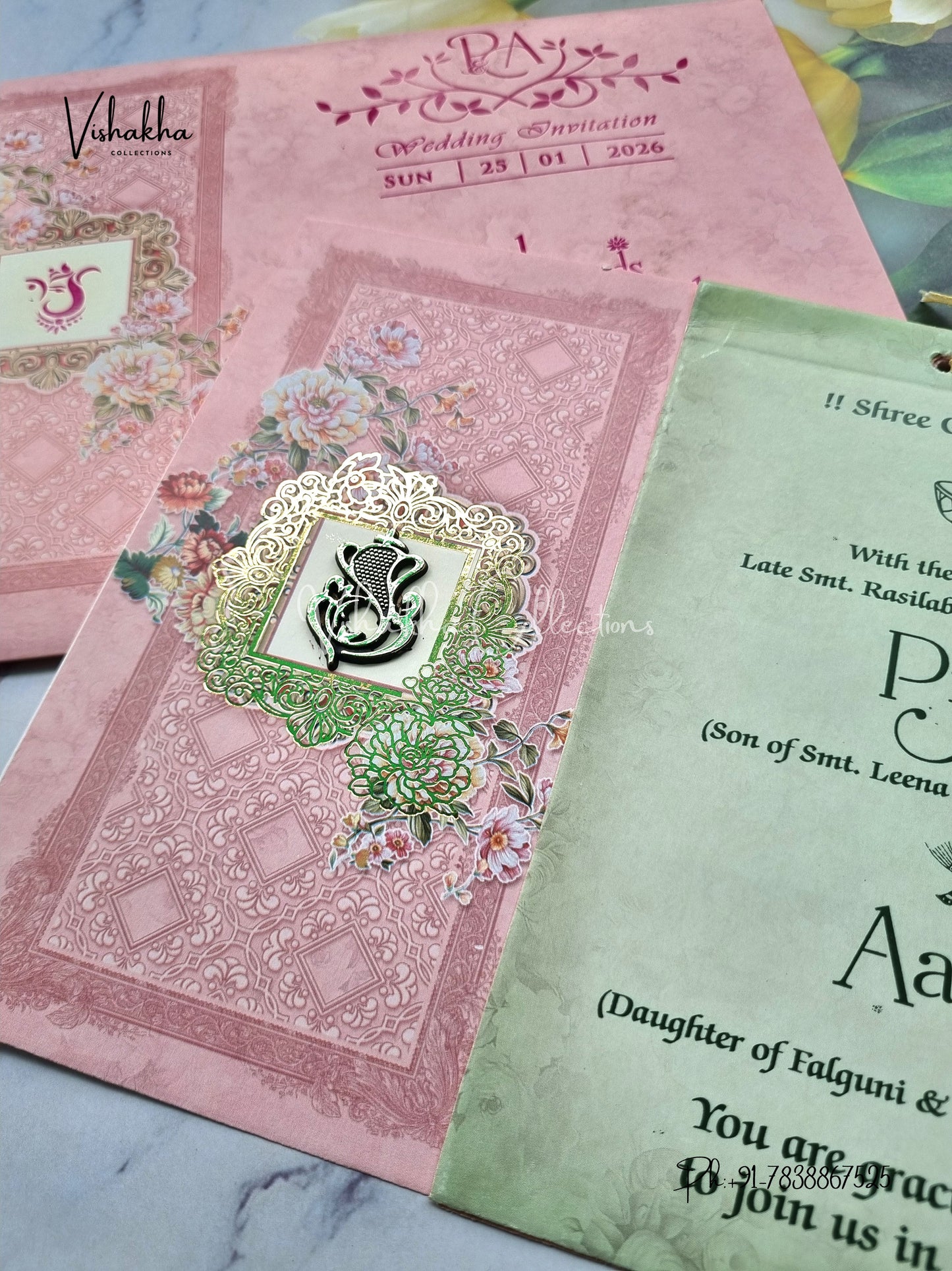 Flower Hindu Muslim Christian Sikh Pink Colored invitation Cards NA-1125-136