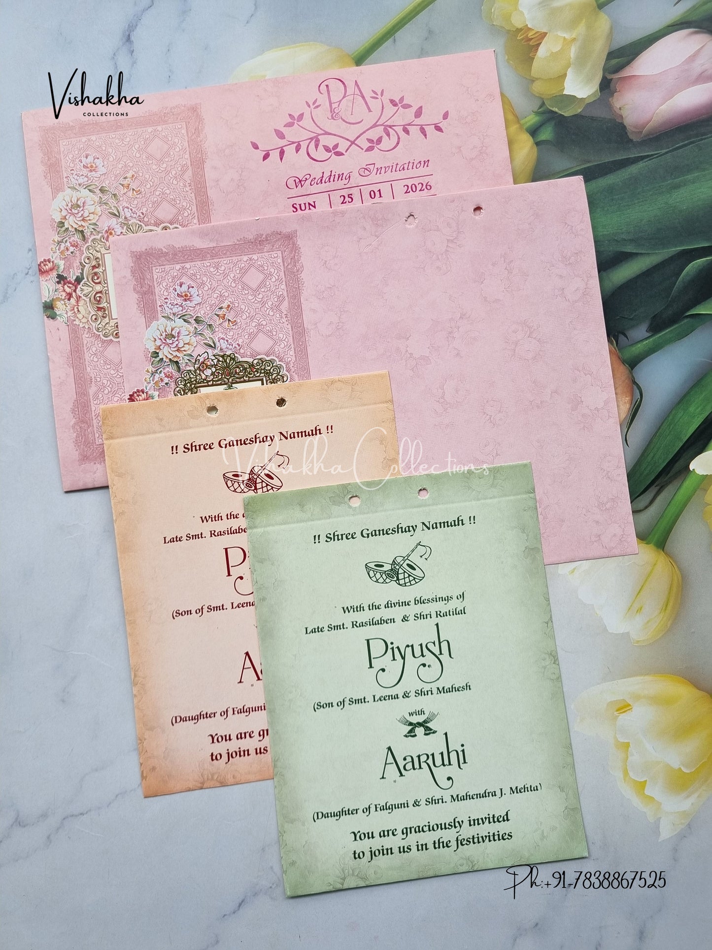 Flower Hindu Muslim Christian Sikh Pink Colored invitation Cards NA-1125-136