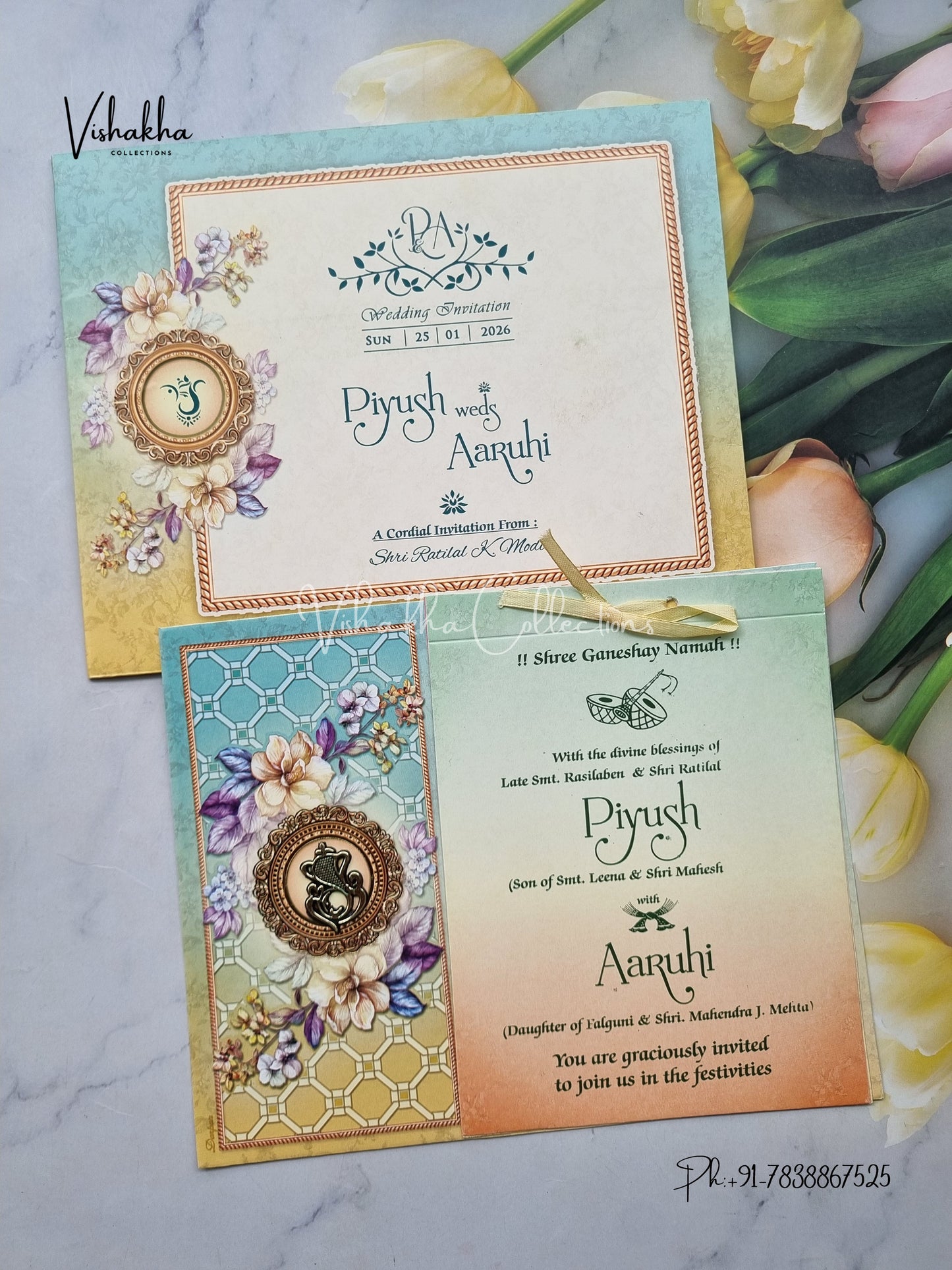 Flower Hindu Muslim Christian Sikh Light Blue And Yellow Colored invitation Cards NA-1125-137