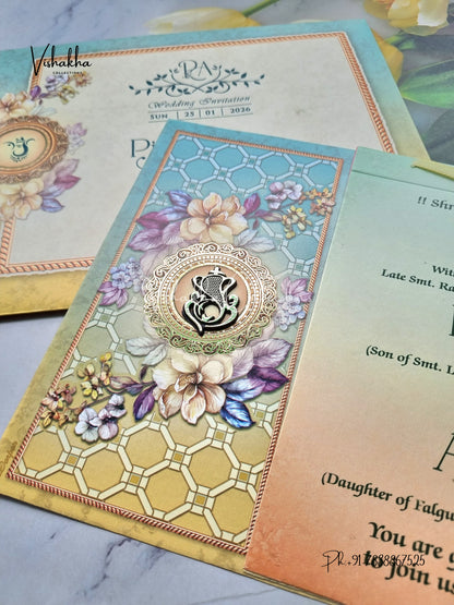 Flower Hindu Muslim Christian Sikh Light Blue And Yellow Colored invitation Cards NA-1125-137