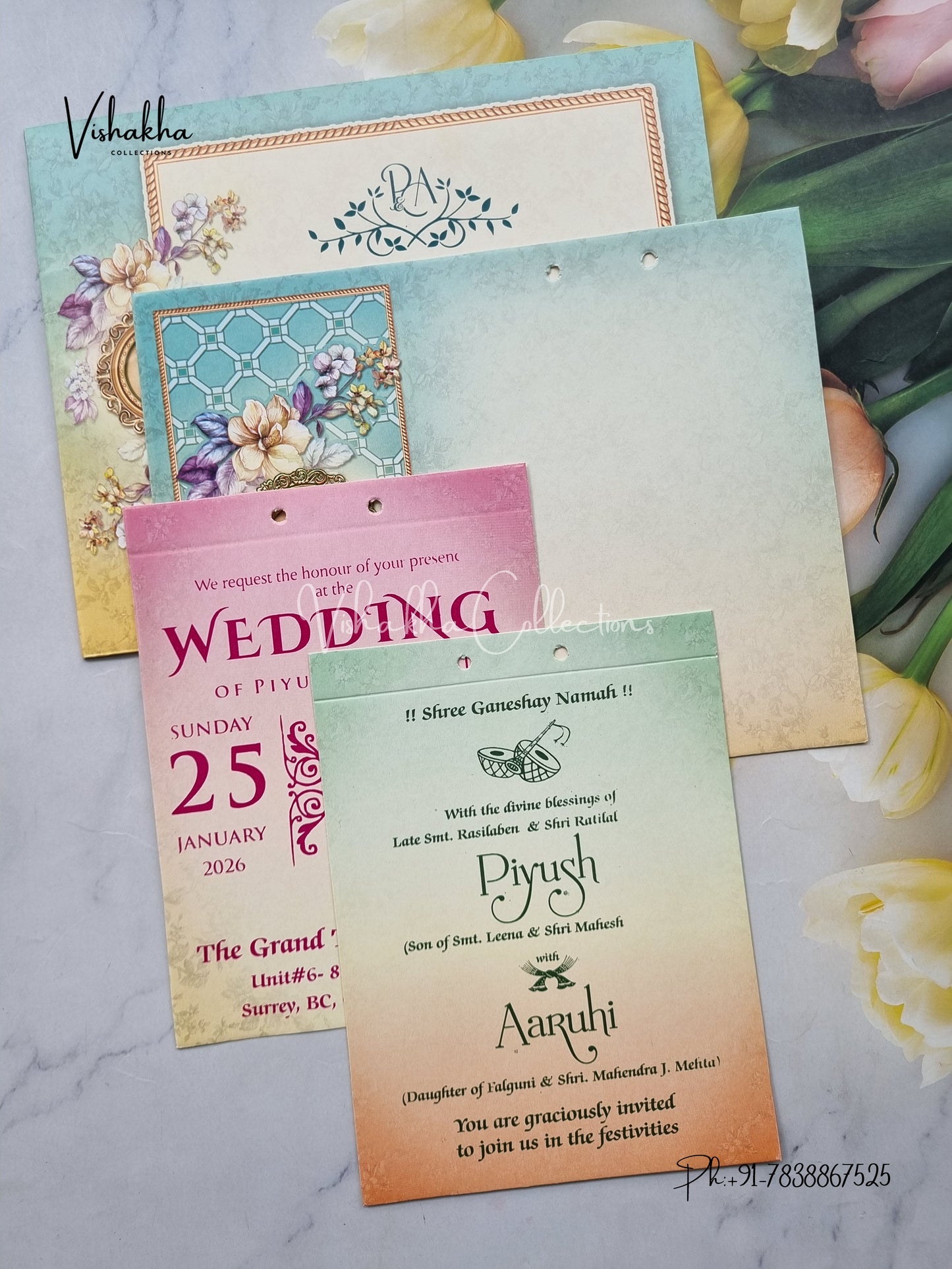 Flower Hindu Muslim Christian Sikh Light Blue And Yellow Colored invitation Cards NA-1125-137