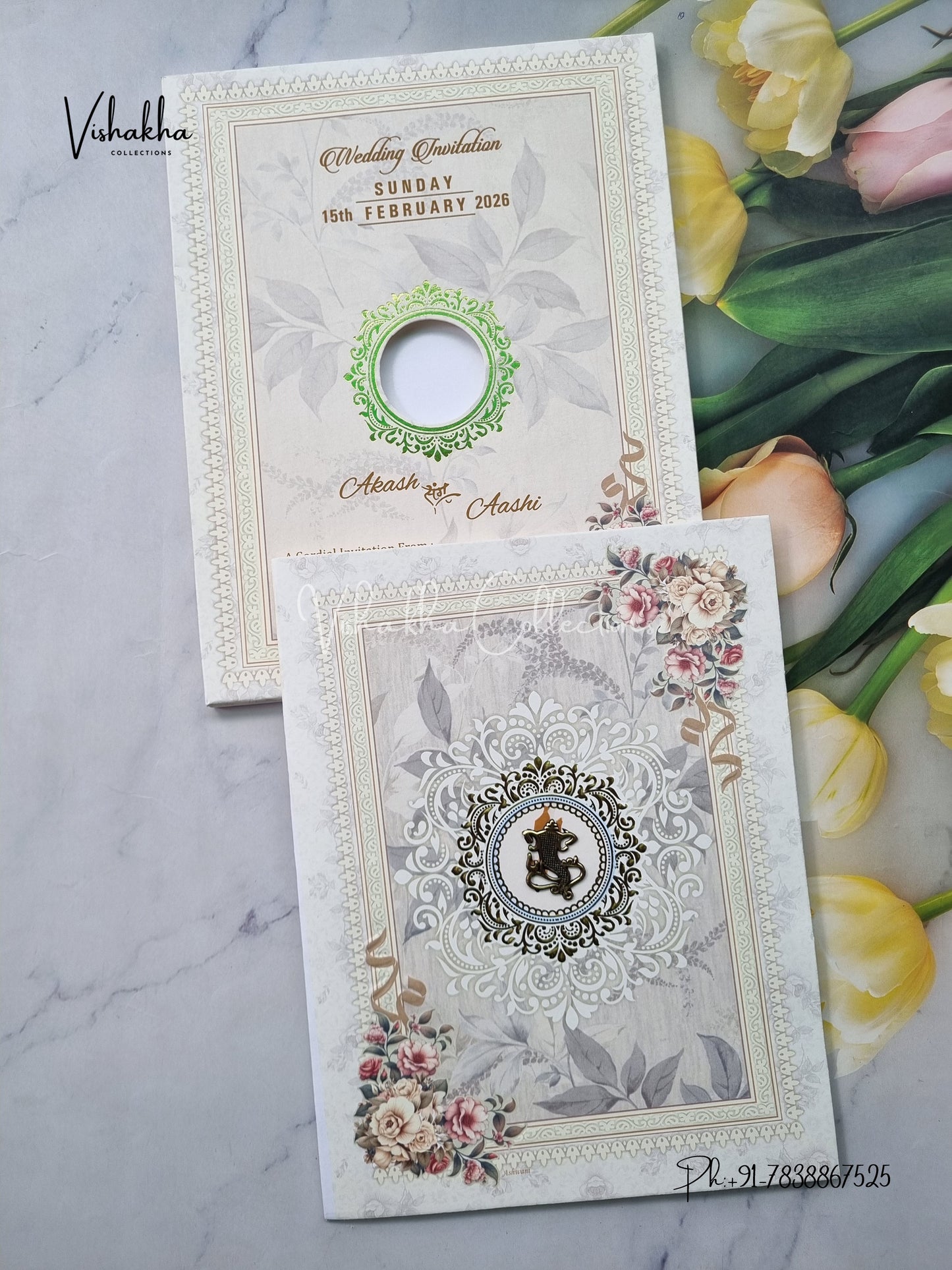 Semi Box Flower Hindu Muslim Christian Sikh Pale Yellow Colored invitation Cards NA-1125-141