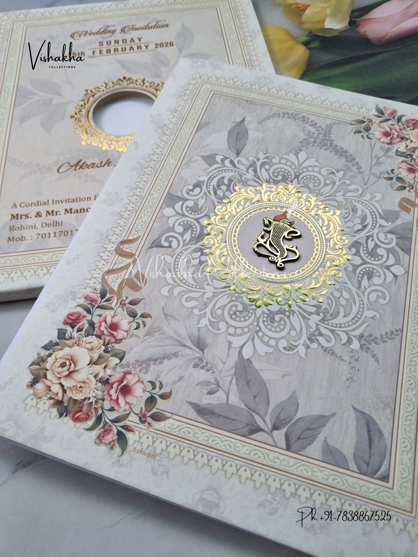 Semi Box Flower Hindu Muslim Christian Sikh Pale Yellow Colored invitation Cards NA-1125-141