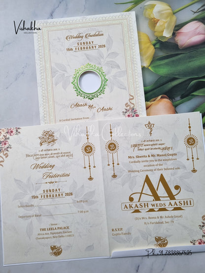 Semi Box Flower Hindu Muslim Christian Sikh Pale Yellow Colored invitation Cards NA-1125-141