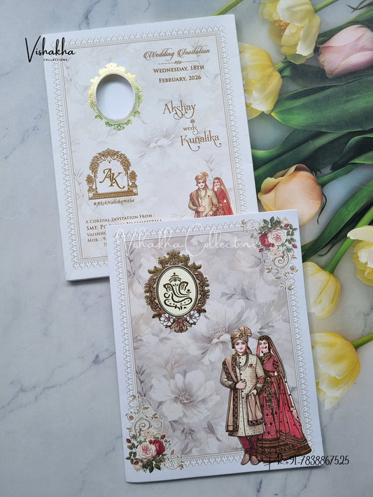 Semi Box Ganesh Ji Dulah Dulhan Flower Hindu Cream Colored invitation Cards NA-1125-142