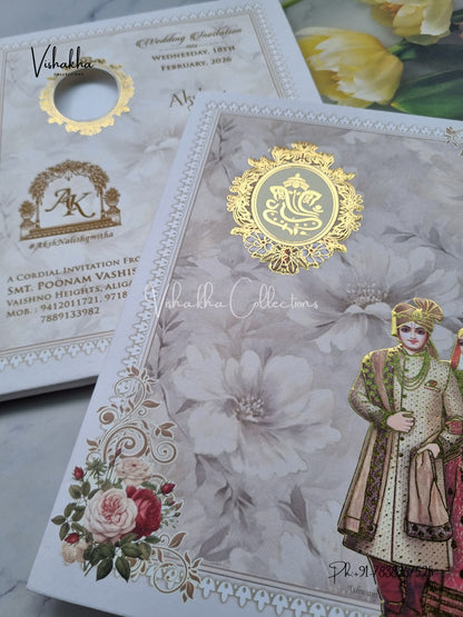 Semi Box Ganesh Ji Dulah Dulhan Flower Hindu Cream Colored invitation Cards NA-1125-142