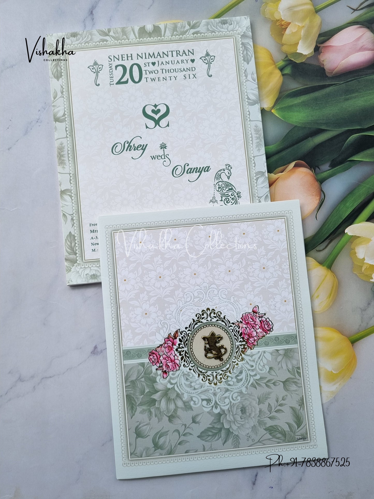 Semi Box Flower Hindu Muslim Christian Sikh Pastel Green Colored invitation Cards NA-1125-147