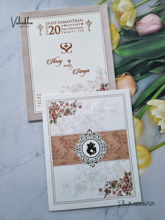 Semi Box Flower Hindu Muslim Christian Sikh Light Brown Colored invitation Cards NA-1125-148