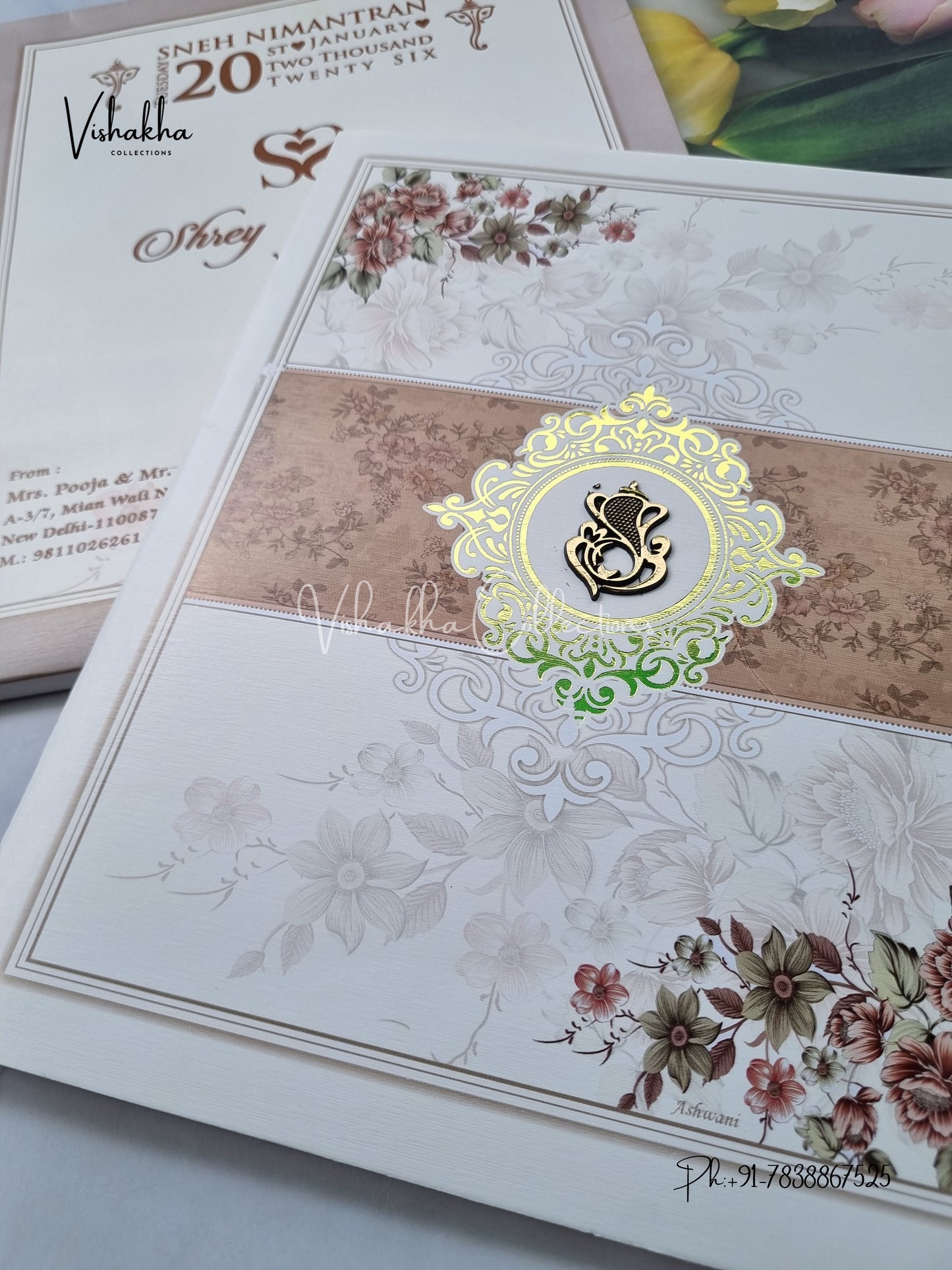 Semi Box Flower Hindu Muslim Christian Sikh Light Brown Colored invitation Cards NA-1125-148