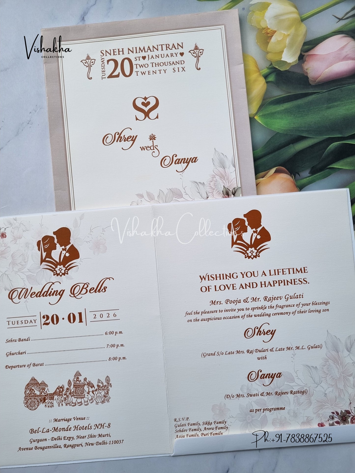 Semi Box Flower Hindu Muslim Christian Sikh Light Brown Colored invitation Cards NA-1125-148