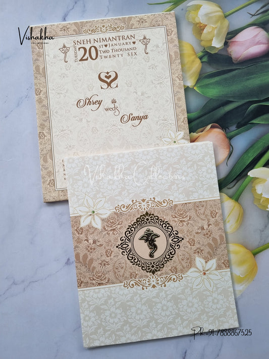 Semi Box Flower Hindu Muslim Christian Sikh Cream Colored invitation Cards NA-1125-149