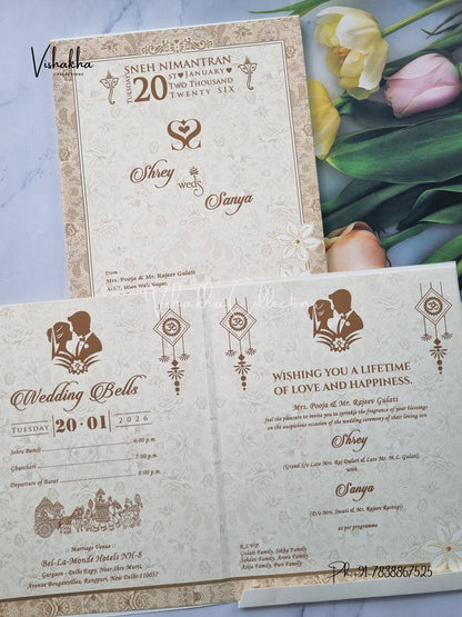 Semi Box Flower Hindu Muslim Christian Sikh Cream Colored invitation Cards NA-1125-149