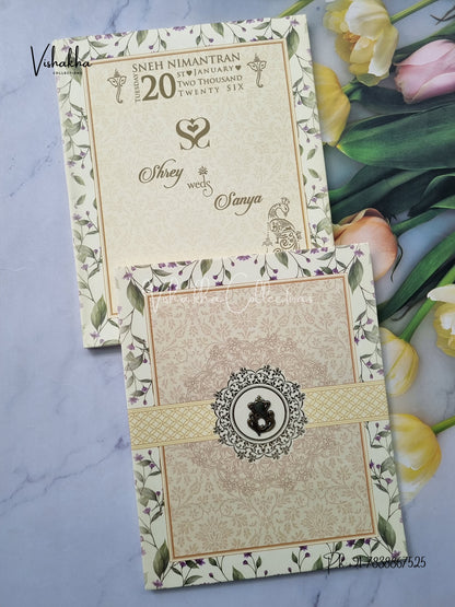 Semi Box Flower Hindu Muslim Christian Sikh Cream Colored invitation Cards NA-1125-150