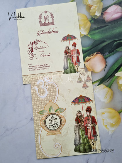 Ganesh Ji Dulah Dulhan Hindu Light Yellow Colored invitation Cards NA-1125-153