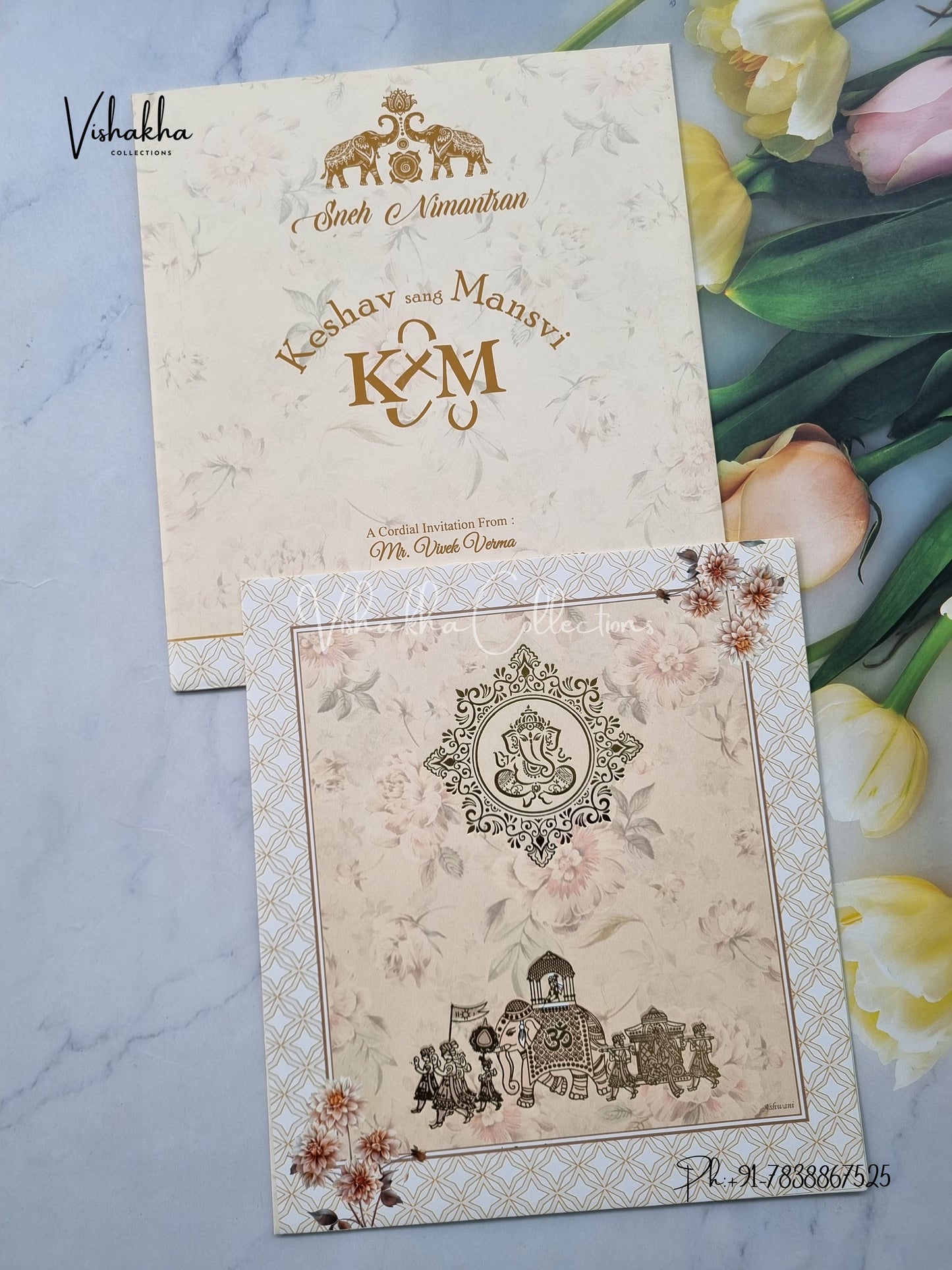 Barat Ganesh Ji Flower Hindu Light Yellow Colored invitation Cards NA-1125-155