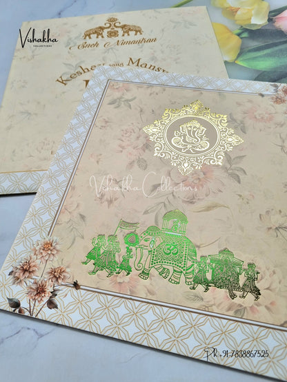 Barat Ganesh Ji Flower Hindu Light Yellow Colored invitation Cards NA-1125-155