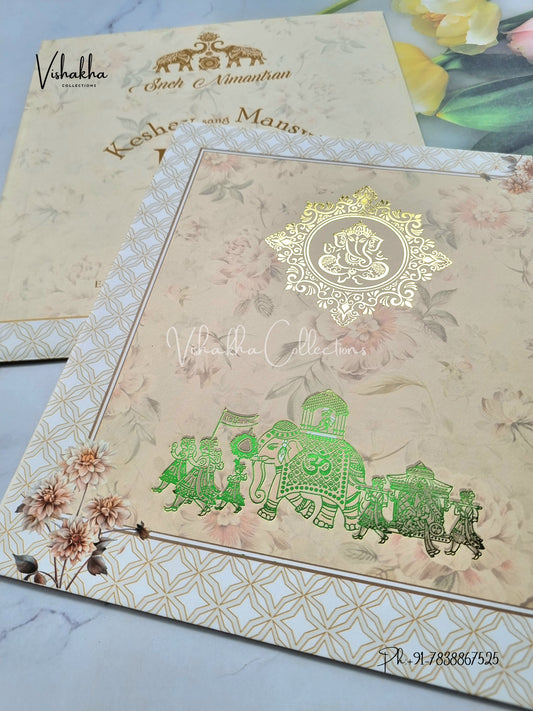 Barat Ganesh Ji Flower Hindu Light Yellow Colored invitation Cards NA-1125-155
