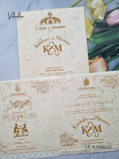 Barat Ganesh Ji Flower Hindu Light Yellow Colored invitation Cards NA-1125-155