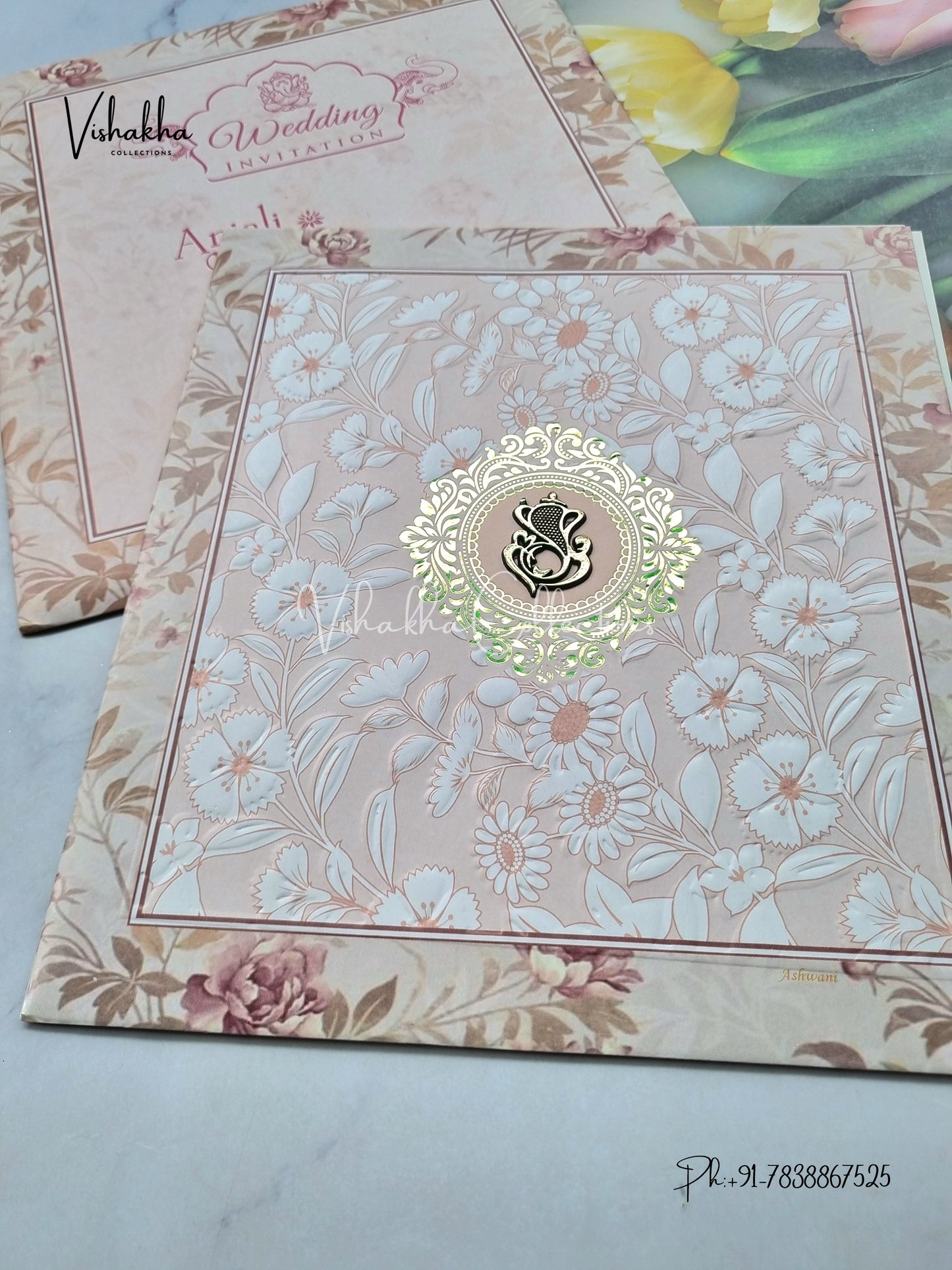 Flower Hindu Muslim Christian Sikh Peach Colored invitation Cards NA-1125-156