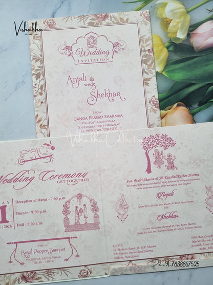 Flower Hindu Muslim Christian Sikh Peach Colored invitation Cards NA-1125-156