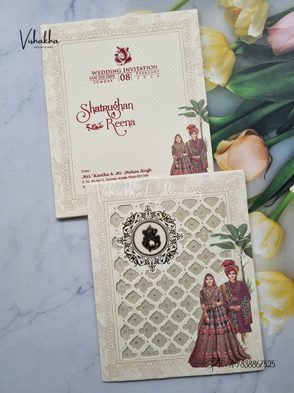 Semi Box Dulah Dulhan Hindu Cream Colored invitation Cards NA-1125-157