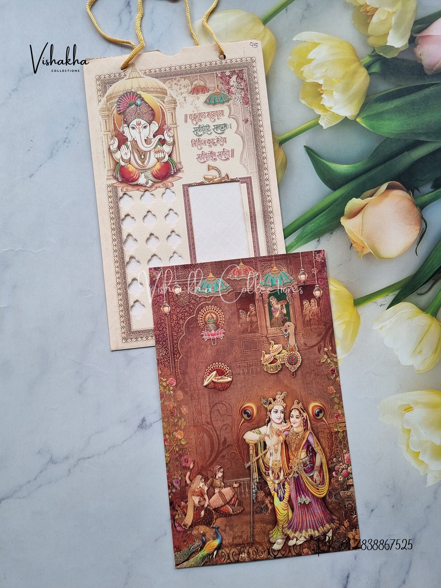 Radha Krishna Ganesh Ji Hindu Carry Bag Light Brown Colored invitation Cards NA-1125-160