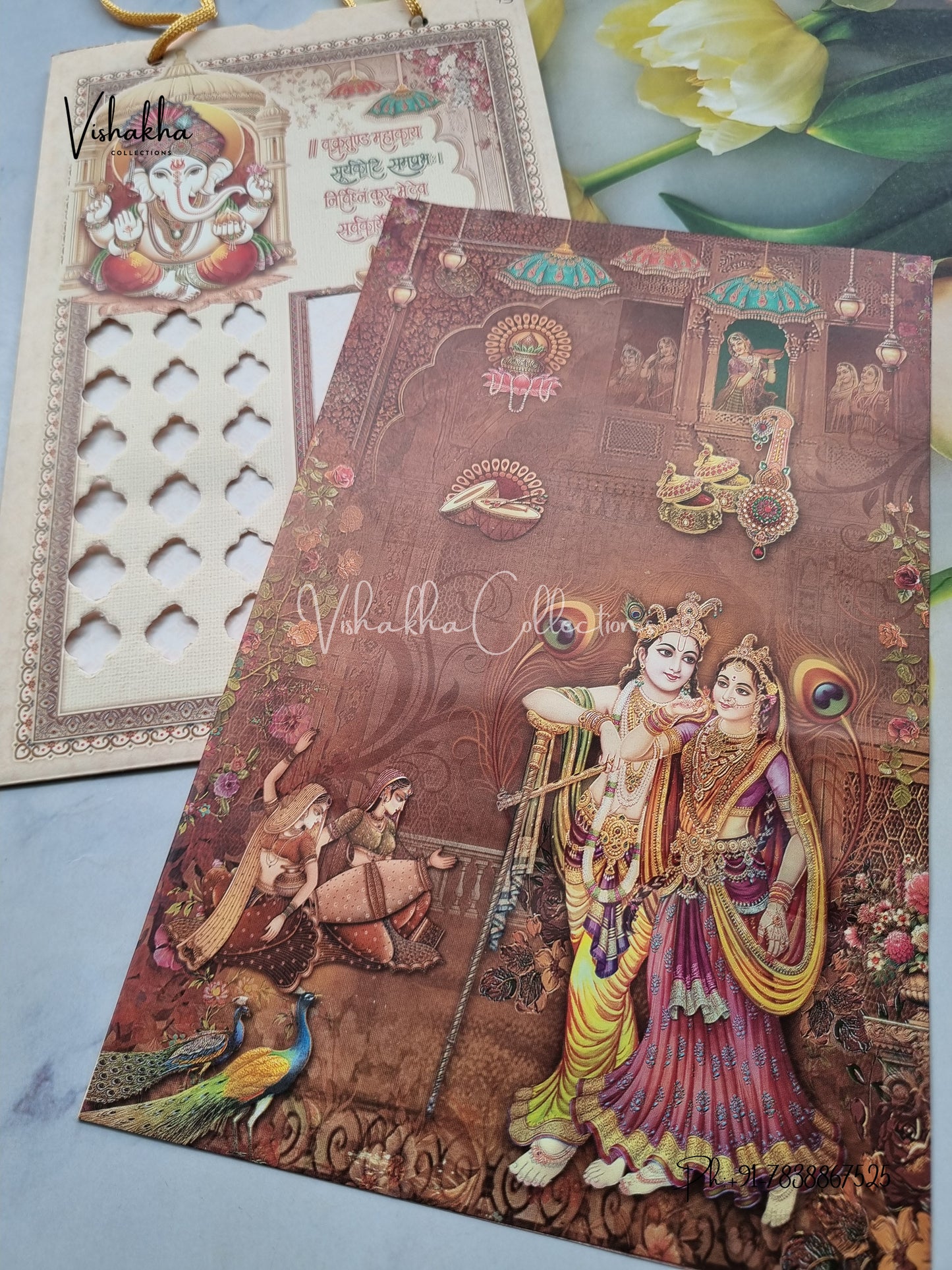 Radha Krishna Ganesh Ji Hindu Carry Bag Light Brown Colored invitation Cards NA-1125-160