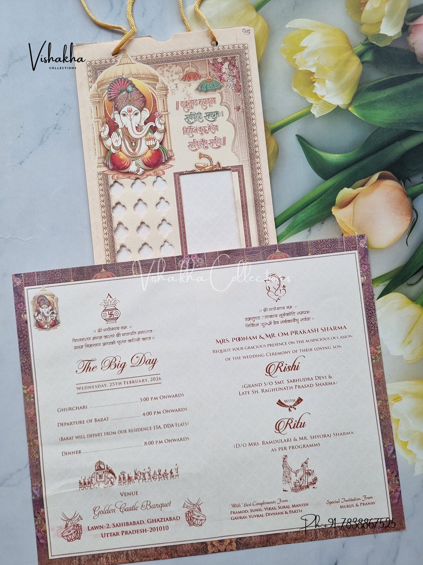 Radha Krishna Ganesh Ji Hindu Carry Bag Light Brown Colored invitation Cards NA-1125-160