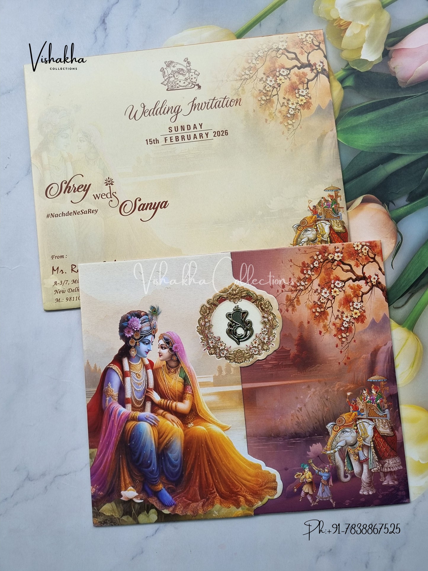 Radha Krishna Hathi Double Door Hindu Yellow And Purple Colored invitation Cards NA-1125-164