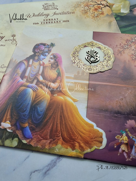 Radha Krishna Hathi Double Door Hindu Yellow And Purple Colored invitation Cards NA-1125-164
