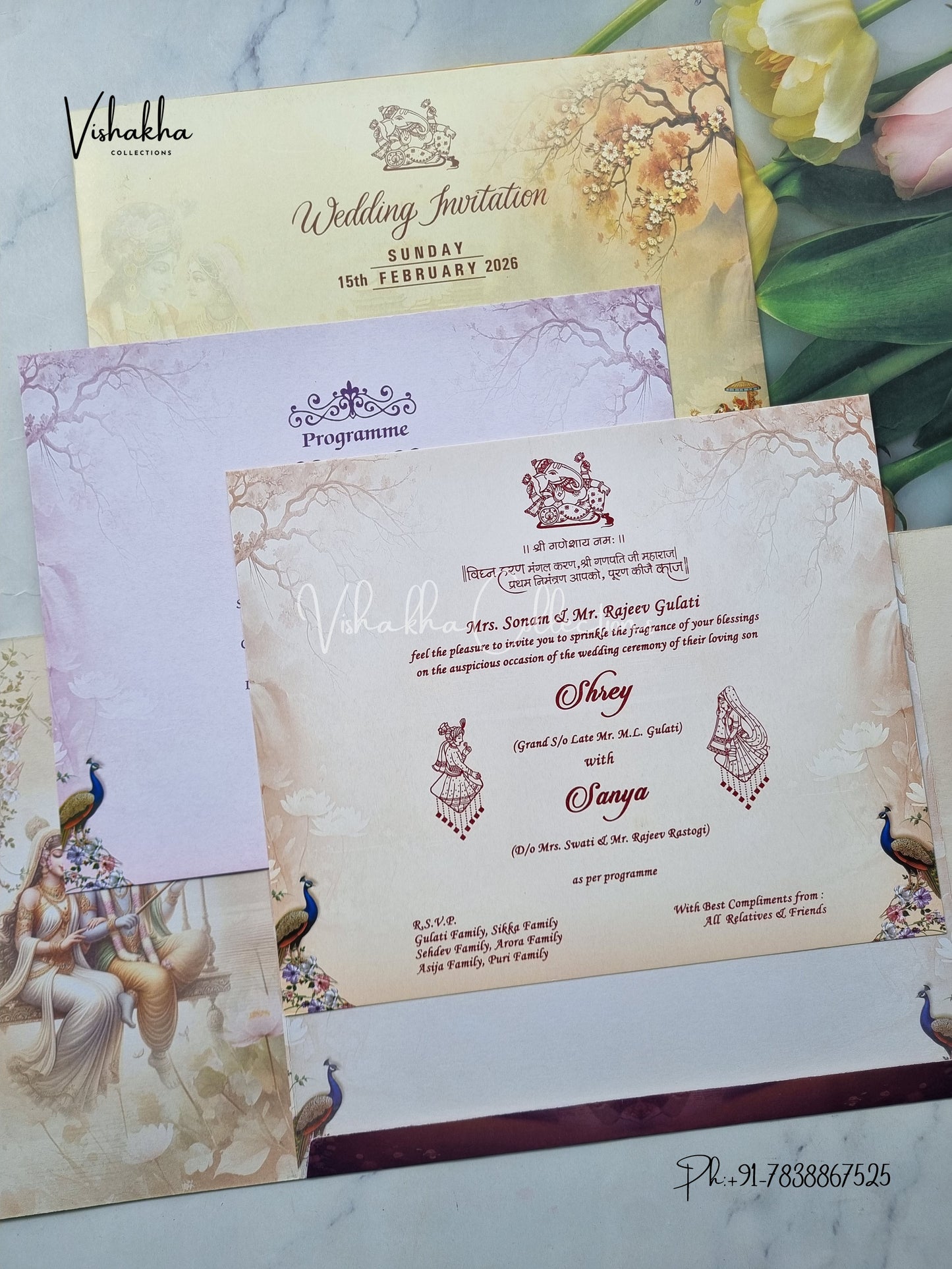 Radha Krishna Hathi Double Door Hindu Yellow And Purple Colored invitation Cards NA-1125-164