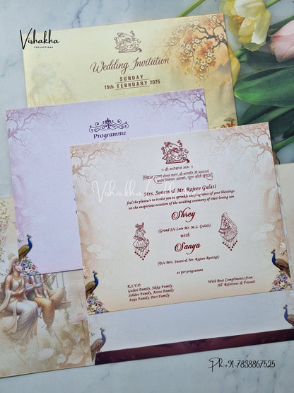 Radha Krishna Hathi Double Door Hindu Yellow And Purple Colored invitation Cards NA-1125-164